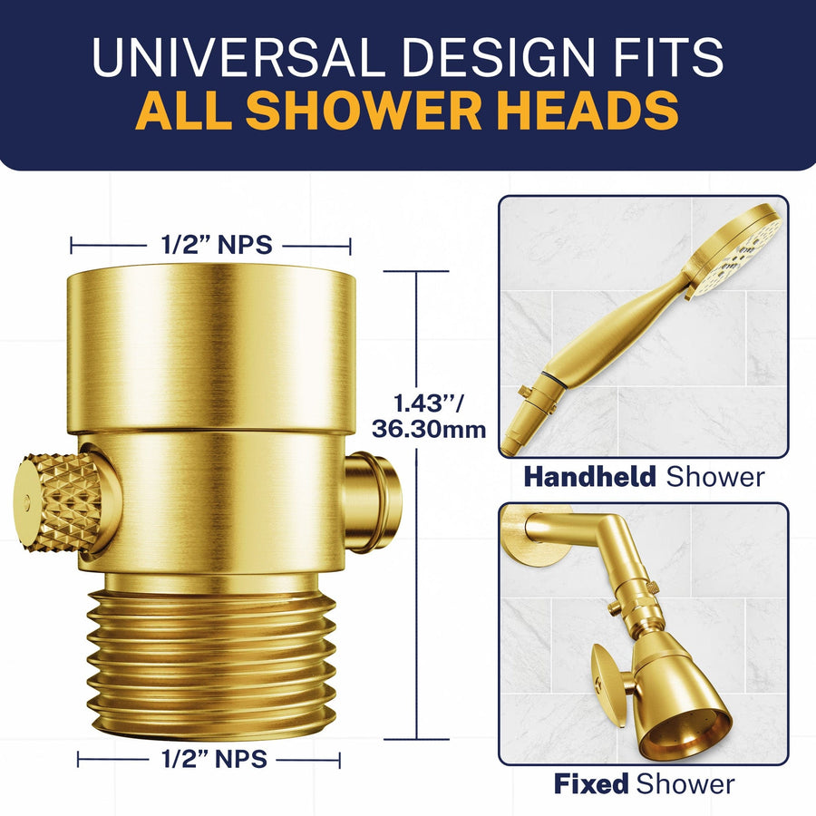 Universal Compatibility Trickle Valve Installed to Handheld Shower Head Brushed Gold - The Shower Head Store