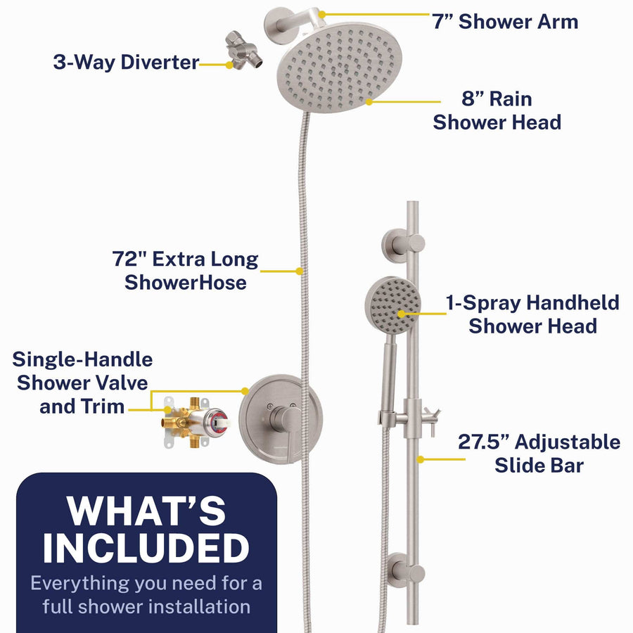 What's Included All Metal Dual Shower Head with Slide Bar Set - Complete Shower System with Valve and Trim Brushed Nickel / 2.5 GPM Brushed Nickel / 1.75 GPM - The Shower Head Store