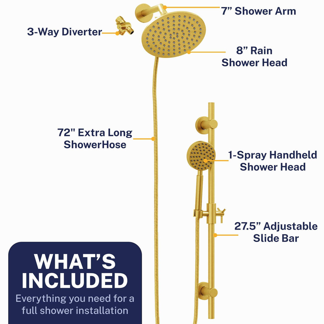 What's Included Dual Shower Head with Slide Bar Set Brushed Gold / 2.5 GPM Brushed Gold / 1.75 GPM - The Shower Head Store