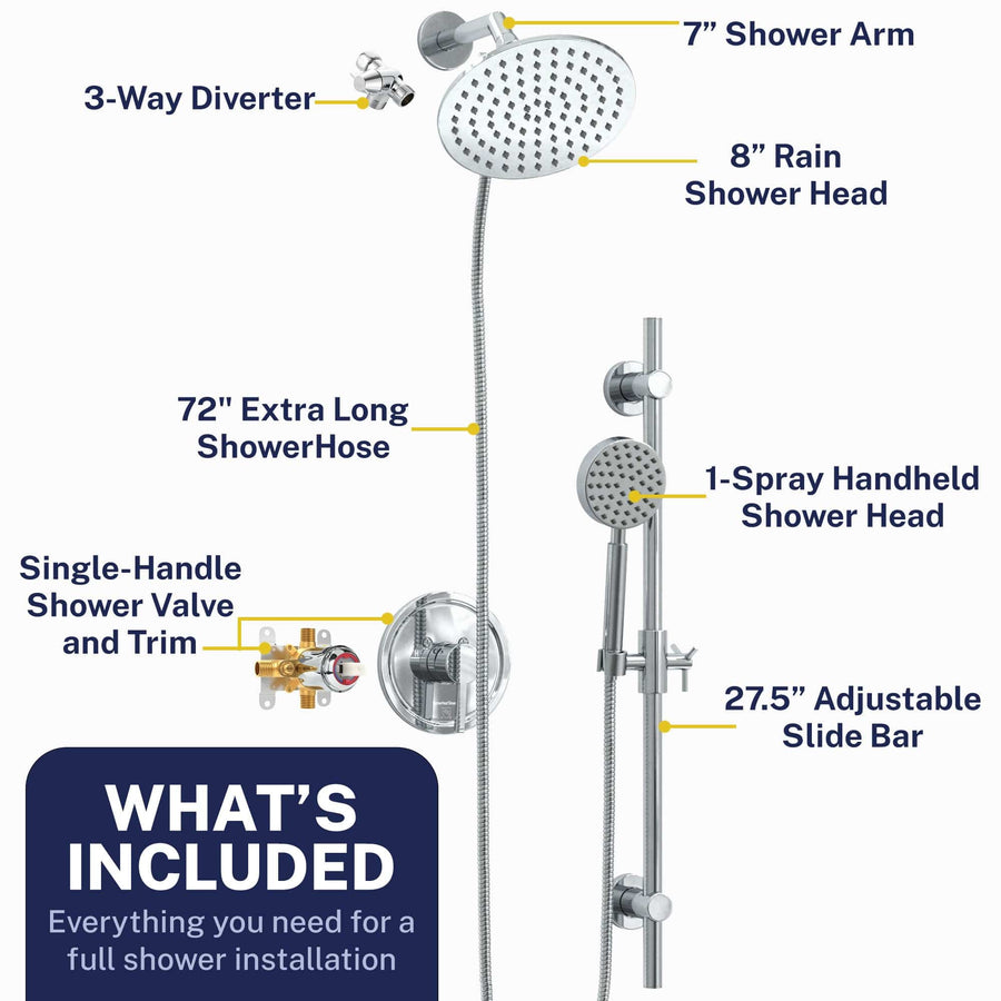 What's Included All Metal Dual Shower Head with Slide Bar Set - Complete Shower System with Valve and Trim Chrome / 2.5 GPM Chrome / 1.75 GPM - The Shower Head Store