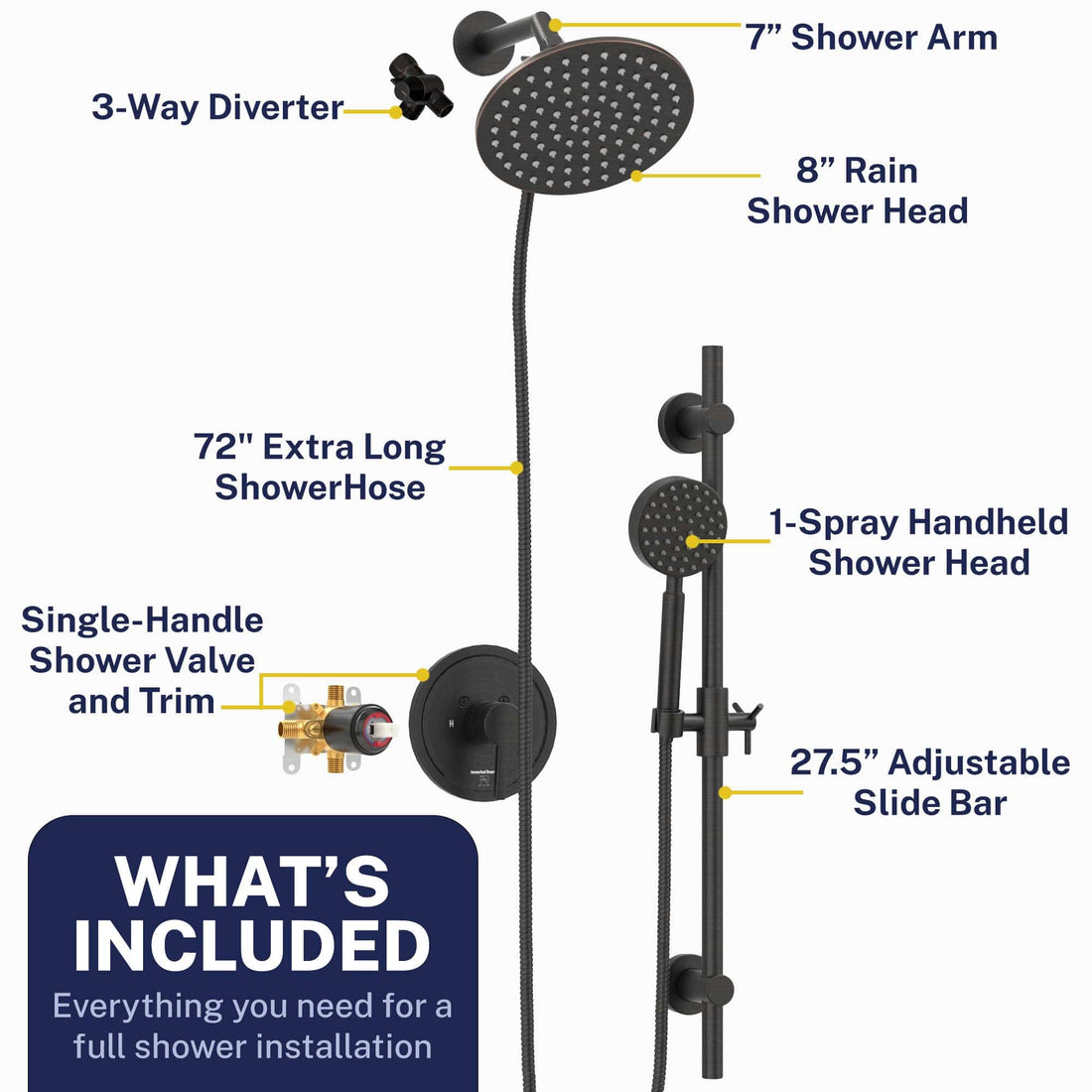 What's Included All Metal Dual Shower Head with Slide Bar Set - Complete Shower System with Valve and Trim Oil Rubbed Bronze / 2.5 GPM Oil Rubbed Bronze / 1.75 GPM - The Shower Head Store
