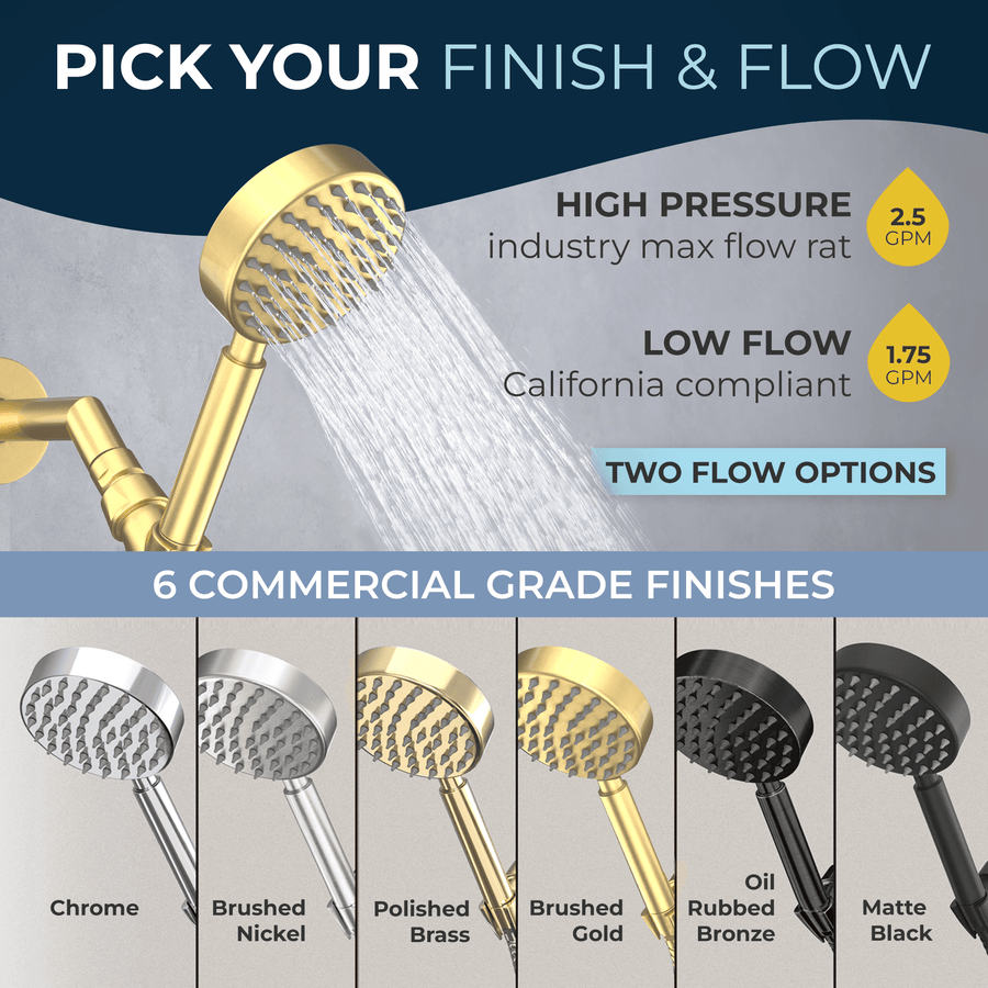 Finish and Flow All Metal Handheld Shower Head Set Chrome - High Pressure 1-Spray Chrome - The Shower Head Store Brushed Gold / 2.5