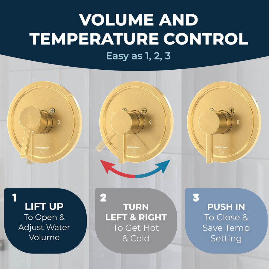 Volume and Temperature Control All Metal Dual Shower Head with Slide Bar Set - Complete Shower System with Valve and Trim Brushed Gold / 2.5 GPM Brushed Gold / 1.75 GPM - The Shower Head Store