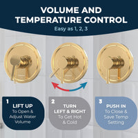 Volume and Temperature Control All Metal Handheld Shower Head Set - Complete Shower System with Valve and Trim Polished Brass  2.5