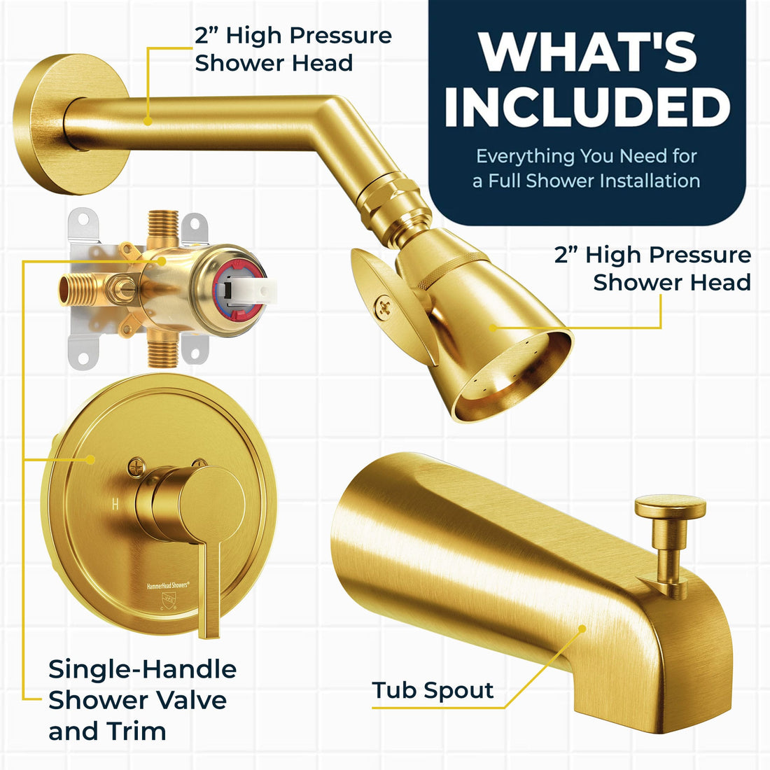 What's Included 2 Inch High Pressure Shower Head Set with Tub Spout and Valve and Trim Brushed Gold / 2.5 GPM Brushed Gold / 1.75 GPM - The Shower Head Store