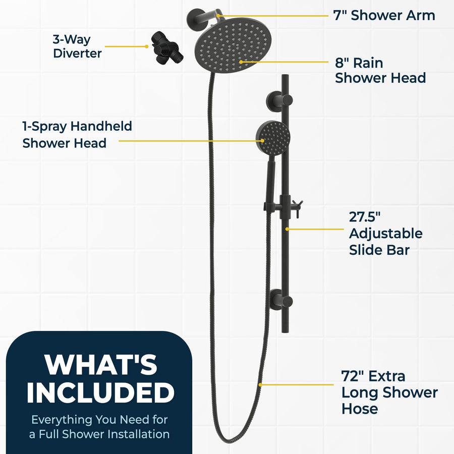 What's Included Dual Shower Head with Slide Bar Set Matte Black  / 2.5 - The Shower Head Store