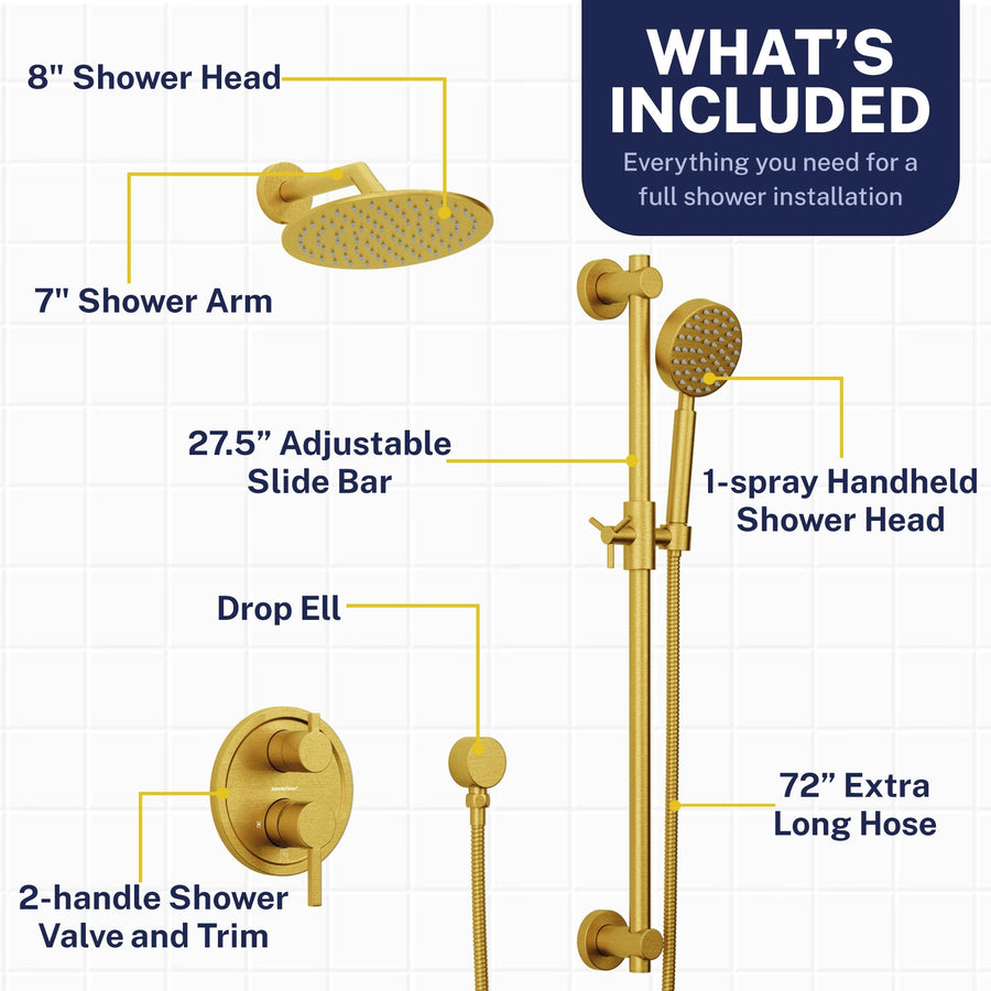 Inclusions Steve White Bundle - 2H Valve and Trim Slide Bar with 1-Spray and 8-inch Rain Shower Head Brushed Gold  / 2.5 - The Shower Head Store