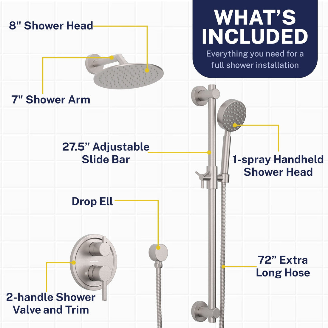 Inclusions Steve White Bundle - 2H Valve and Trim Slide Bar with 1-Spray and 8-inch Rain Shower Head Brushed Nickel  / 2.5 - The Shower Head Store