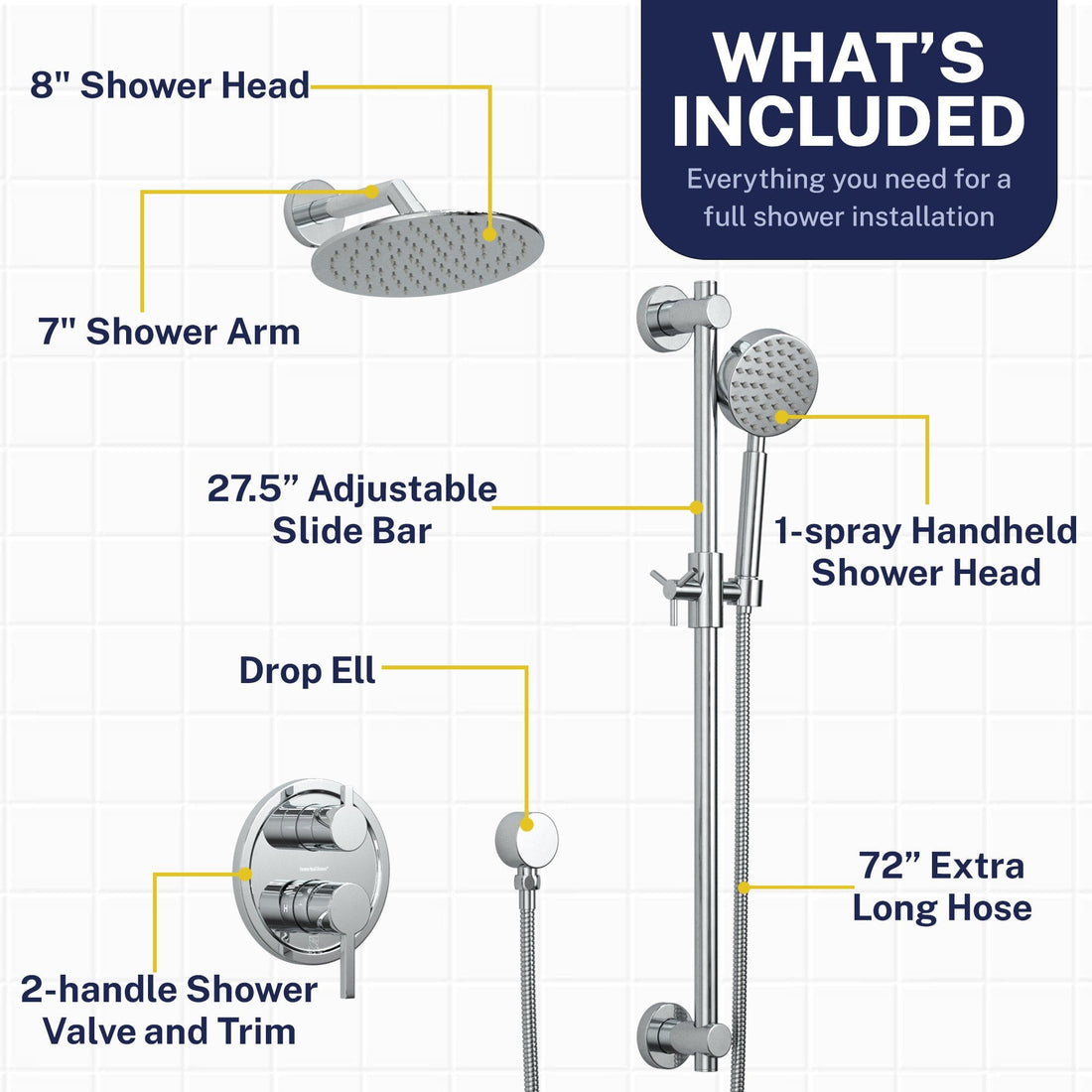 Inclusions Steve White Bundle - 2H Valve and Trim Slide Bar with 1-Spray and 8-inch Rain Shower Head Chrome / 2.5 - The Shower Head Store