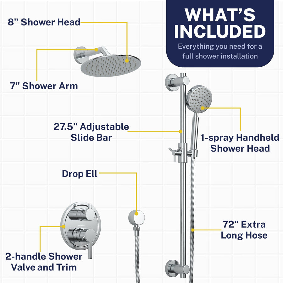 Inclusions Steve White Bundle - 2H Valve and Trim Slide Bar with 1-Spray and 8-inch Rain Shower Head Chrome / 2.5 - The Shower Head Store