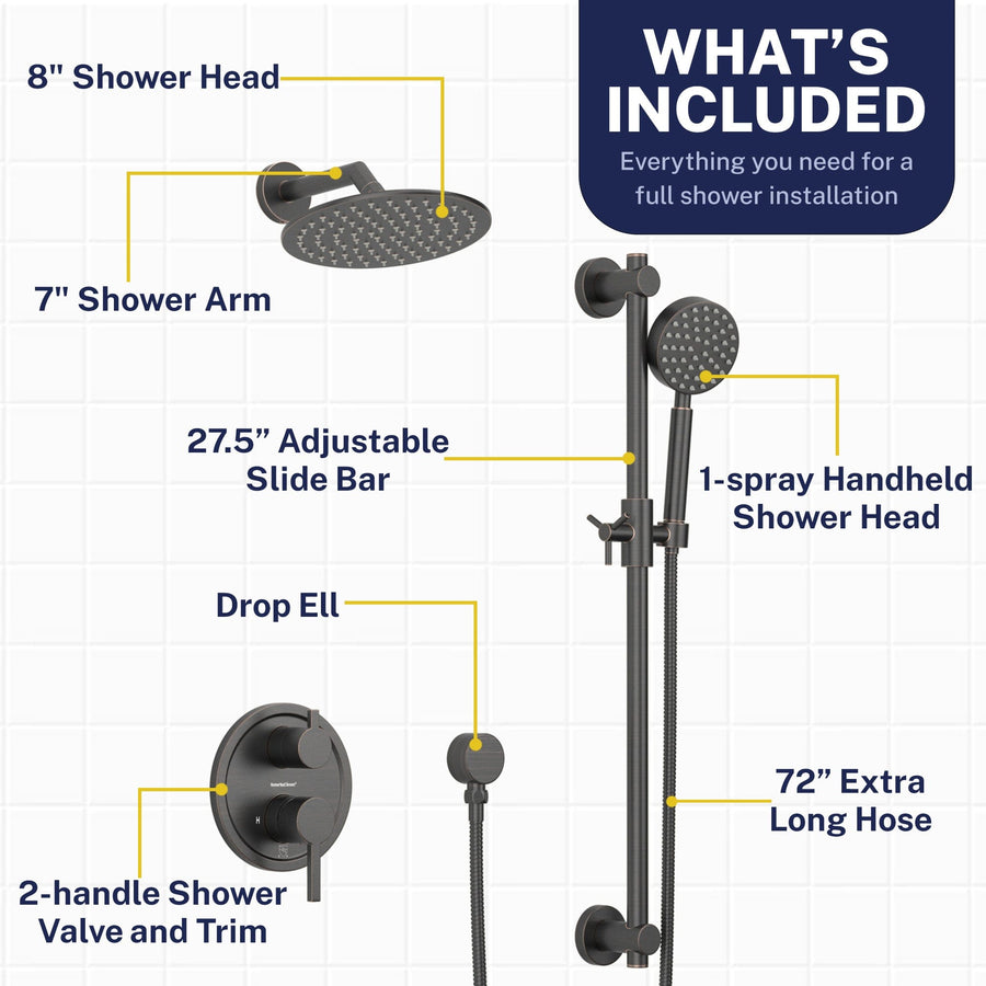 Inclusions Steve White Bundle - 2H Valve and Trim Slide Bar with 1-Spray and 8-inch Rain Shower Head Oil Rubbed Bronze  / 2.5 - The Shower Head Store