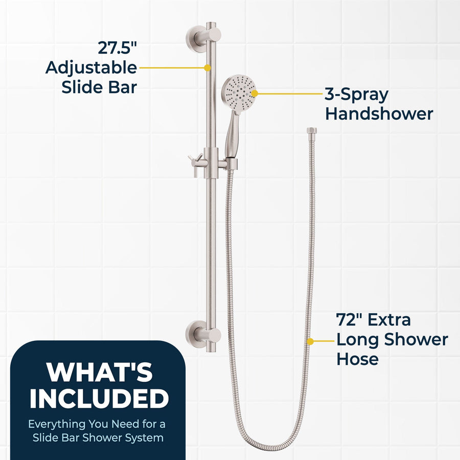 What's Included Slide Bar with 3-Spray Hand Held Shower Head & Hose Brushed Nickel  / 2.5 - The Shower Head Store