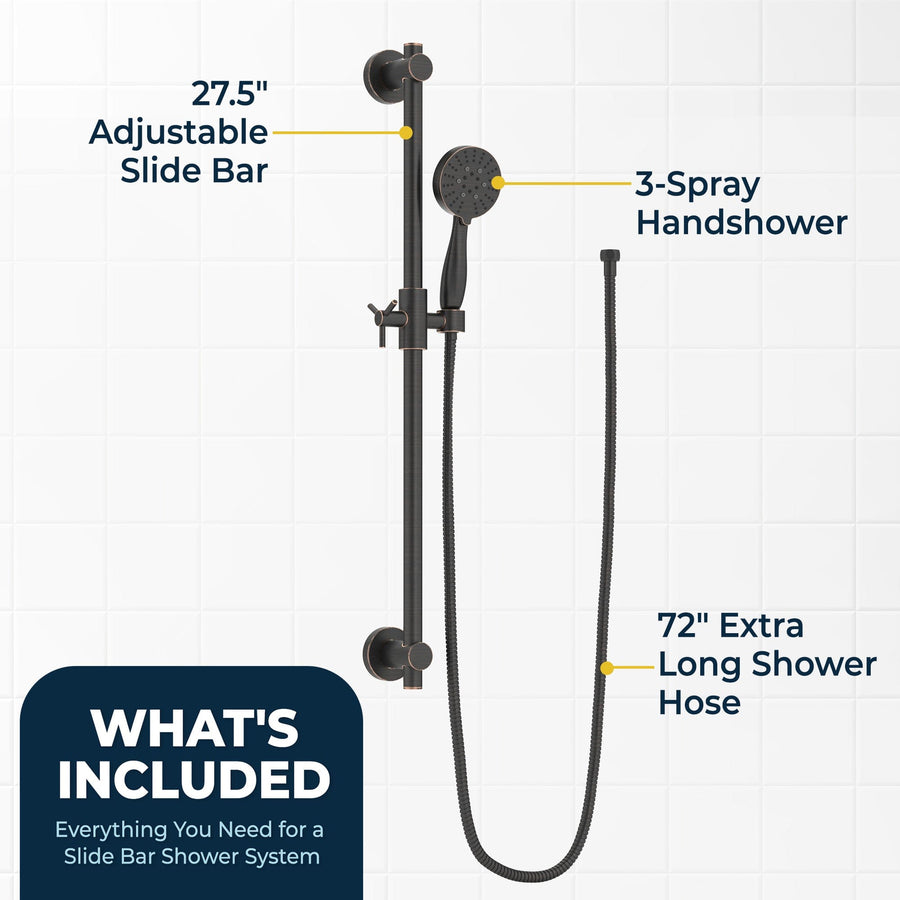 What's Included Slide Bar with 3-Spray Hand Held Shower Head & Hose Oil Rubbed Bronze  - The Shower Head Store