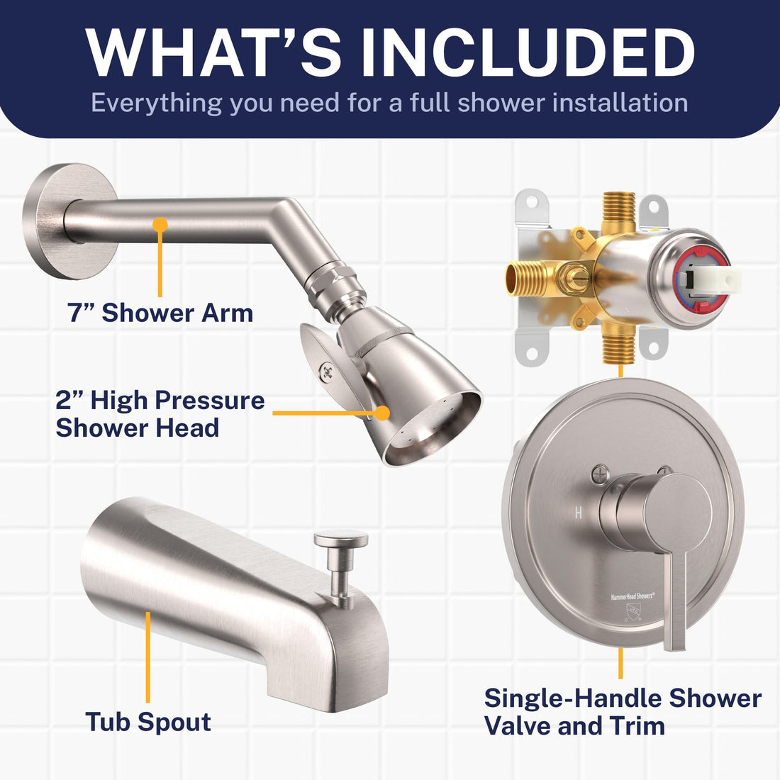 Inclusions 2 Inch High Pressure Shower Head Set with Tub Spout and Valve and Trim Brushed Nickel / 2.5 GPM Brushed Nickel / 1.75 GPM - The Shower Head Store