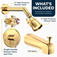 Inclusions 2 Inch High Pressure Shower Head Set with Tub Spout and Valve and Trim Polished Brass / 2.5 GPM Polished Brass / 1.75 GPM - The Shower Head Store