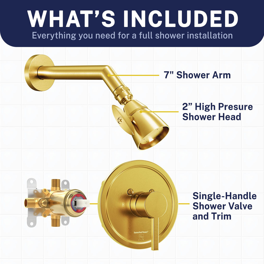 Inclusions All Metal 2-Inch Shower Head Set - Complete Shower System with Valve and Trim Brushed Gold / 2.5 GPM Brushed Gold / 1.75 GPM - The Shower Head Store