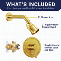 Inclusions All Metal 2-Inch Shower Head Set - Complete Shower System with Valve and Trim Brushed Gold / 2.5 GPM Brushed Gold / 1.75 GPM - The Shower Head Store
