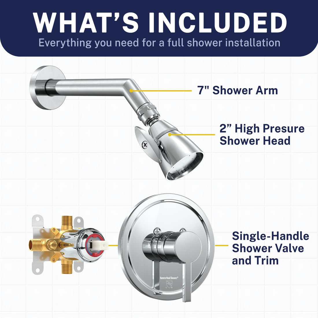 What's Included All Metal 2-Inch High Pressure Shower Head Set - Complete Shower System with Valve and Trim Chrome / 2.5 GPM Chrome / 1.75 GPM - The Shower Head Store