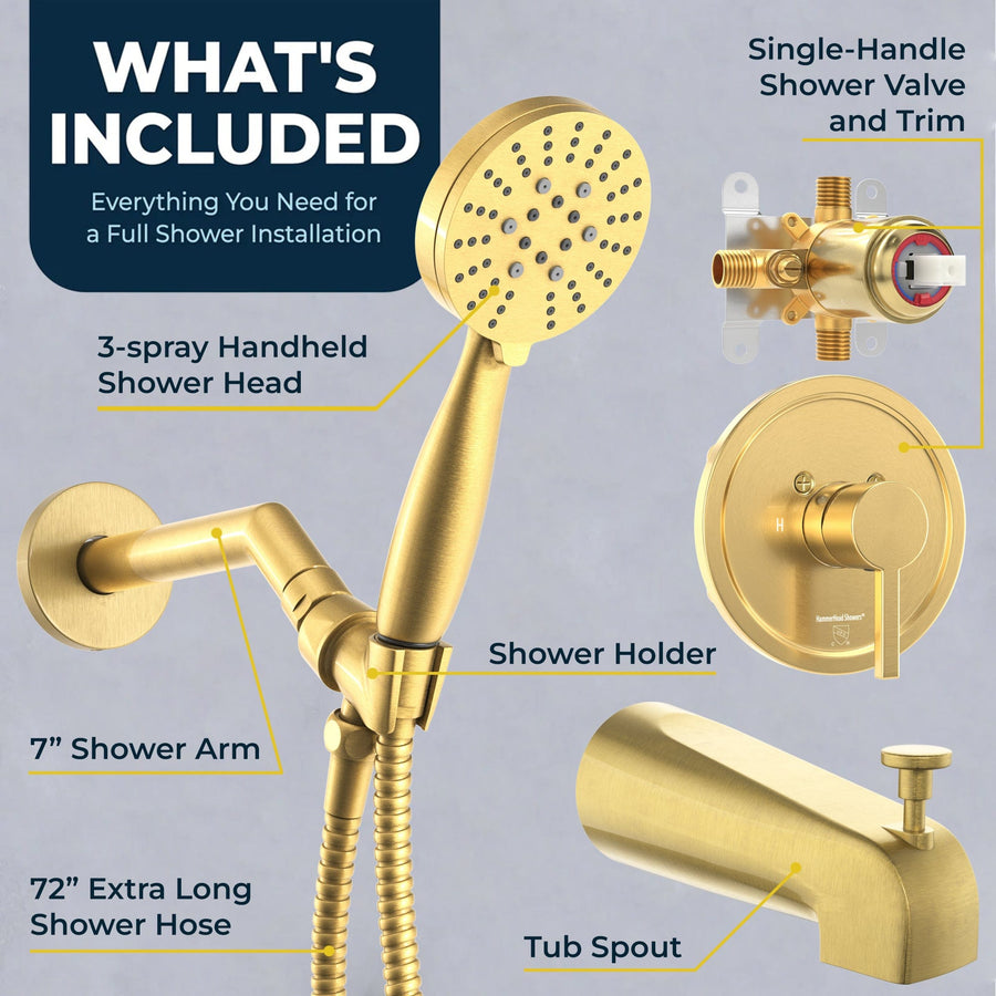 Inclusions Tub Spout with Valve and Trim_3-Spray Handheld and Shower Arm Brushed Gold / 1.75 - The Shower Head Store