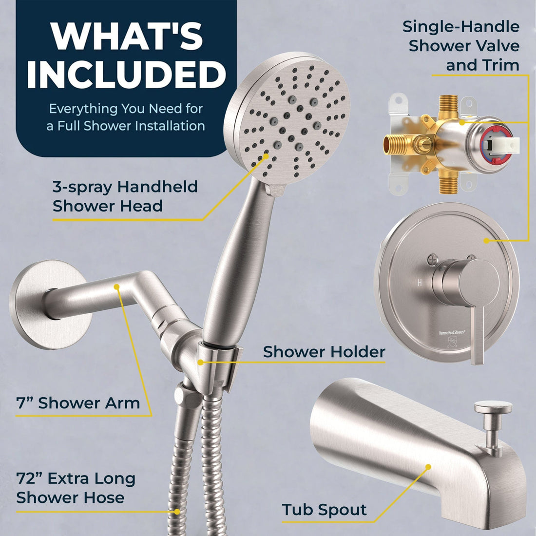 What's Included Tub Spout with Valve and Trim_3-Spray Handheld and Shower Arm Brushed Nickel / 1.75 - The Shower Head Store