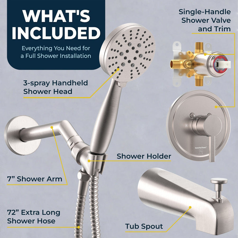 What's Included Tub Spout with Valve and Trim_3-Spray Handheld and Shower Arm Brushed Nickel / 1.75 - The Shower Head Store