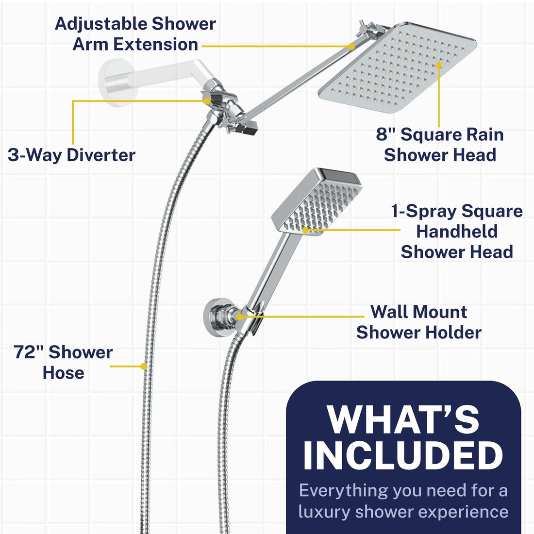 Inclusions Square Dual Shower Head Set Chrome / 2.5 - The Shower Head Store