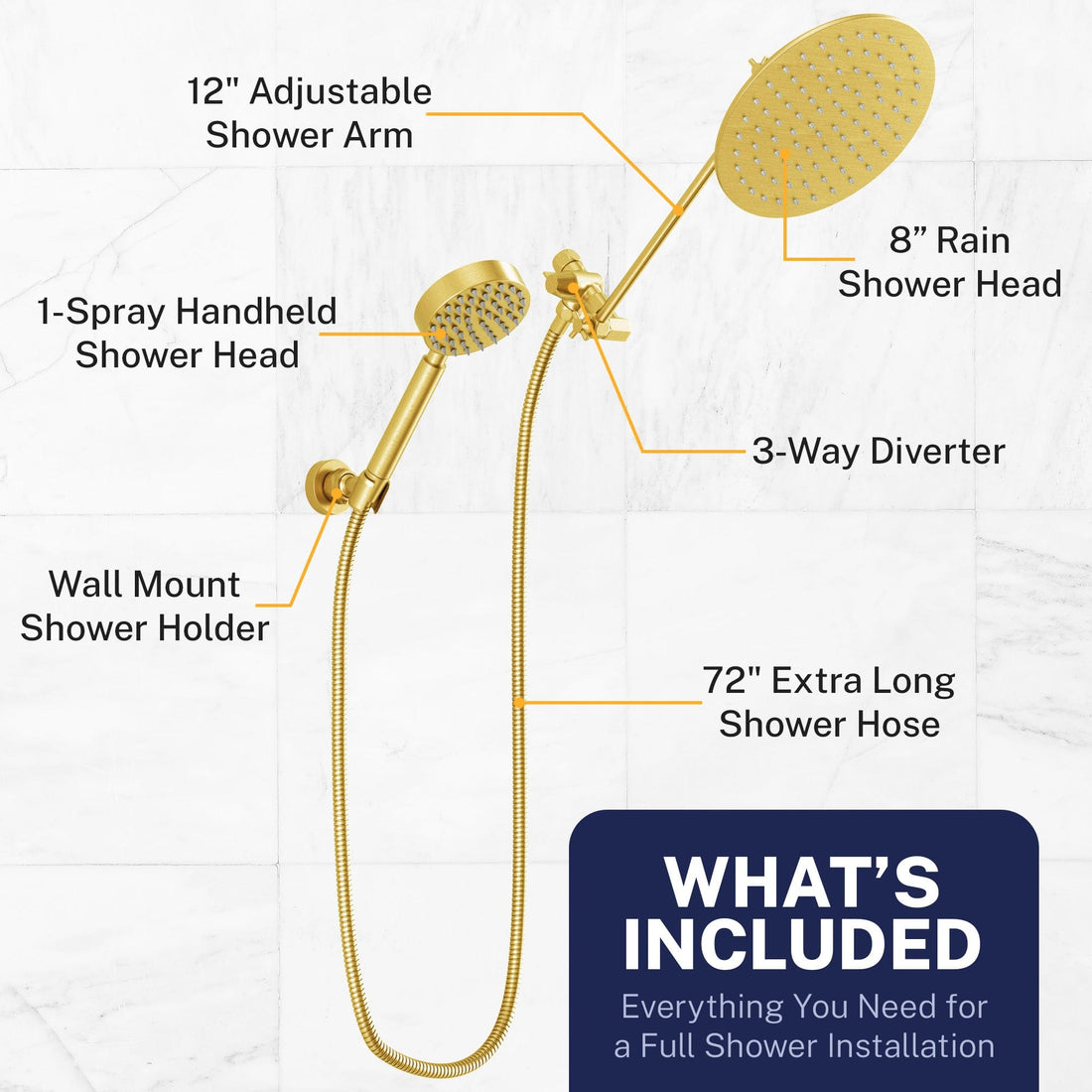 What's Included 1-Spray Dual Shower Head with Adjustable Arm and Shower Head Wall Mount Brushed Gold / 2.5 - The Shower Head Store