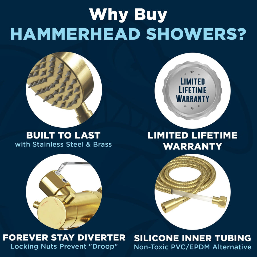 Why Buy HammerHead Showers Built To Last with Stainless Steel And Brass and Lifetime Warranty Brushed Gold - The Shower Head Store