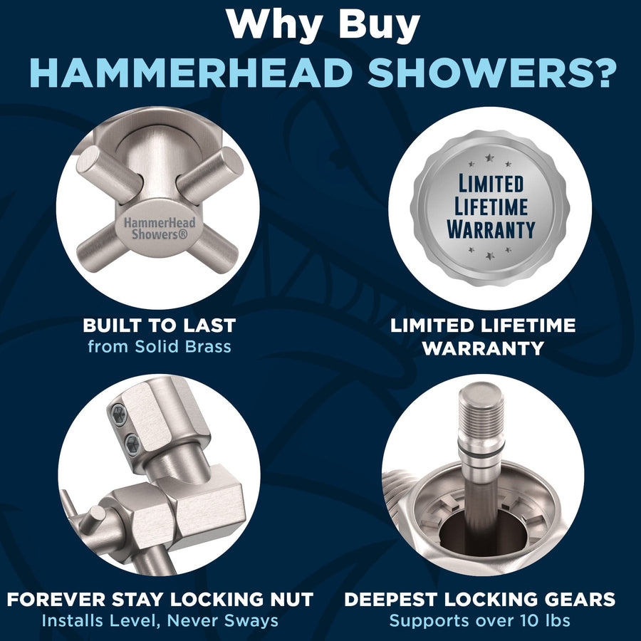 (Why Buy HammerHead Showers) 12 Inch Adjustable Shower Arm Extension Pipe Raise or Lower Shower Head Height Deepest Locking Gears On The Market Brushed Nickel - The Shower Head Store