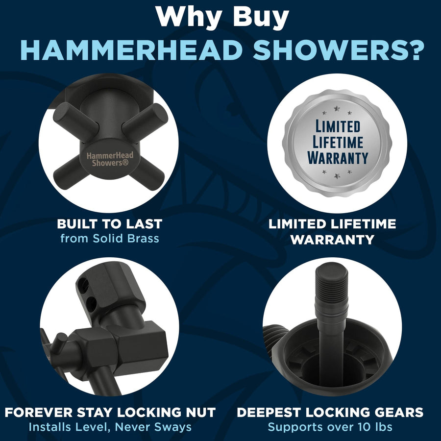 (Why Buy HammerHead Showers) 12 Inch Adjustable Shower Arm Extension Pipe Raise or Lower Shower Head Height Deepest Locking Gears On The Market 12 Inch / Matte Black - The Shower Head Store