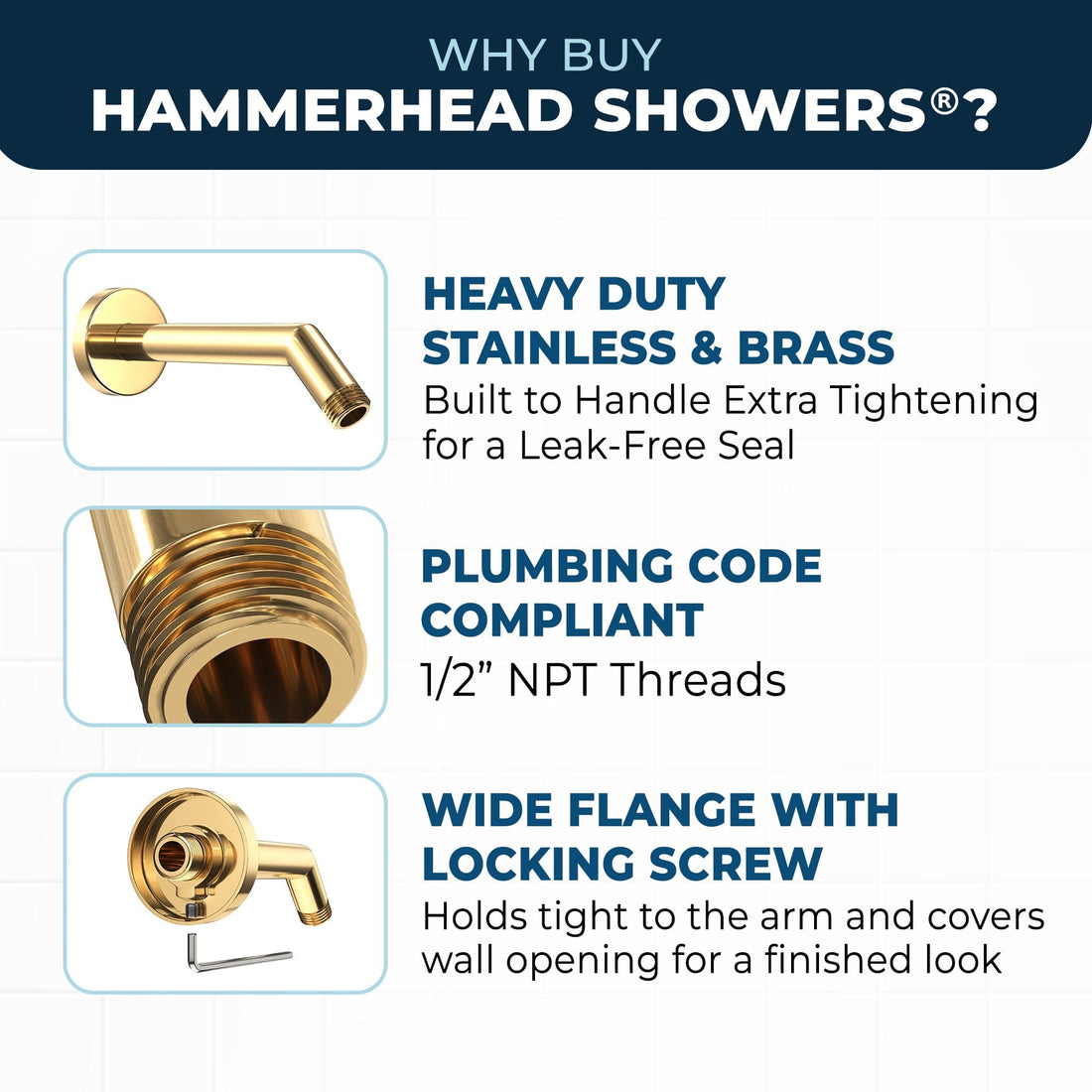 Why Buy HammerHead Showers All Metal 7" Shower Arm Polished Brass  - The Shower Head Store