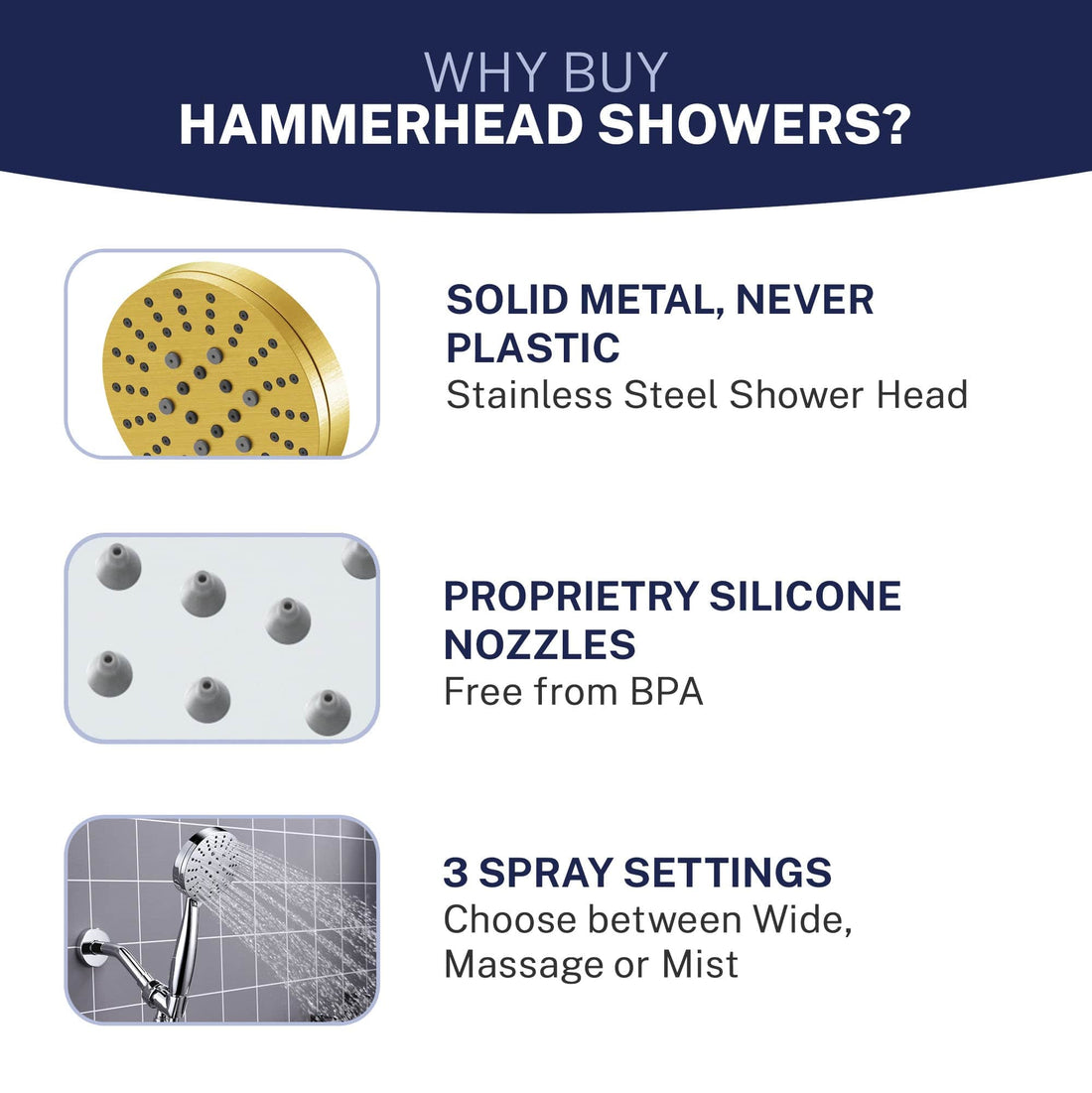 Features All Metal 3-Spray Handheld Shower Head, Handshower Only Brushed Gold / 2.5 - The Shower Head Store