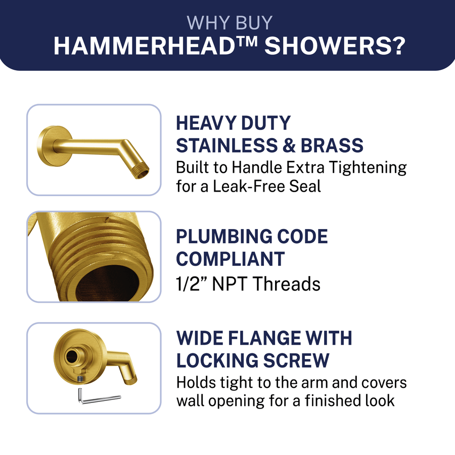 Why Buy HammerHead Showers All Metal 7" Shower Arm Brushed Gold  - The Shower Head Store