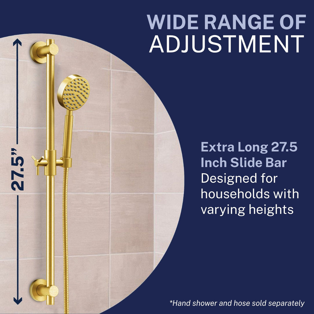 Range of adjustment 27.5 Inch Shower Head Slide Bar Brushed Gold - The Shower Head Store