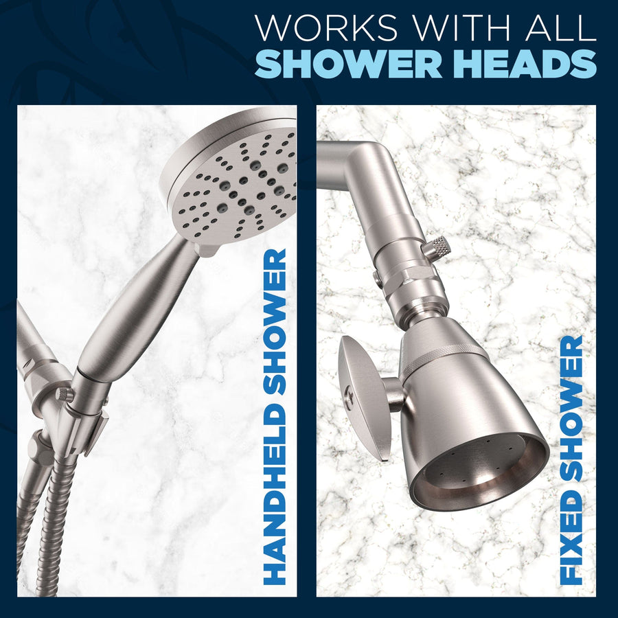 (Works with all Shower Heads) HammerHead Showers ALL METAL Water Flow Control Valve for Shower Head - Brass Push-Button Shower Shut Off Valve Reduces Flow to a Trickle - Plumbing Code Compliant Brushed Nickel - The Shower Head Store