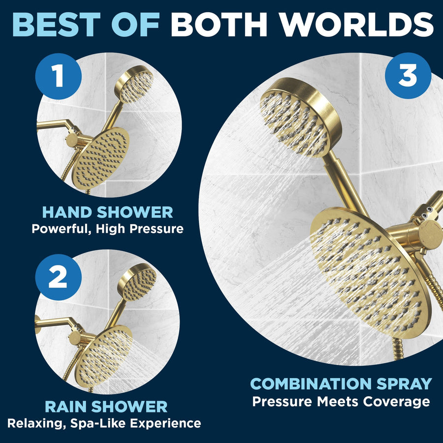 (Your Favorite Spray 2) Divert Water from Rain Shower Head to Handheld Showerhead with 3-Way Diverter Brushed Gold - The Shower Head Store