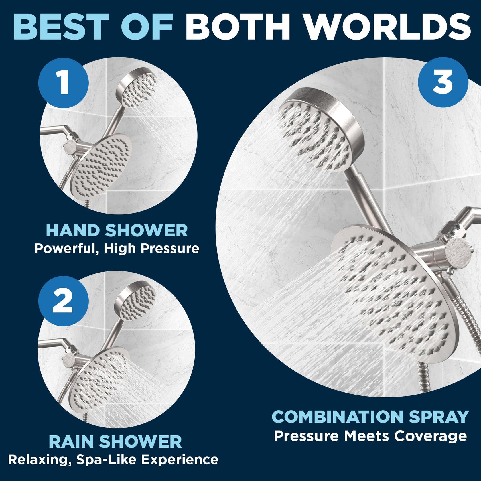 All Metal 1-Spray Dual Shower Head - Handheld, Rain Shower, Diverter ...