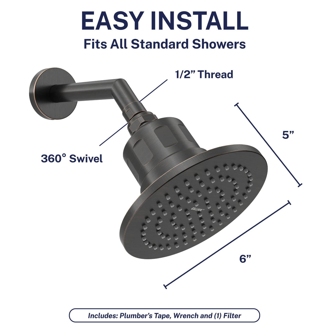 Easy Install Gillian — The METAL Filtered Shower Head Oil Rubbed Bronze / 2.5 GPM Oil Rubbed Bronze / 1.75 GPM - The Shower Head Store