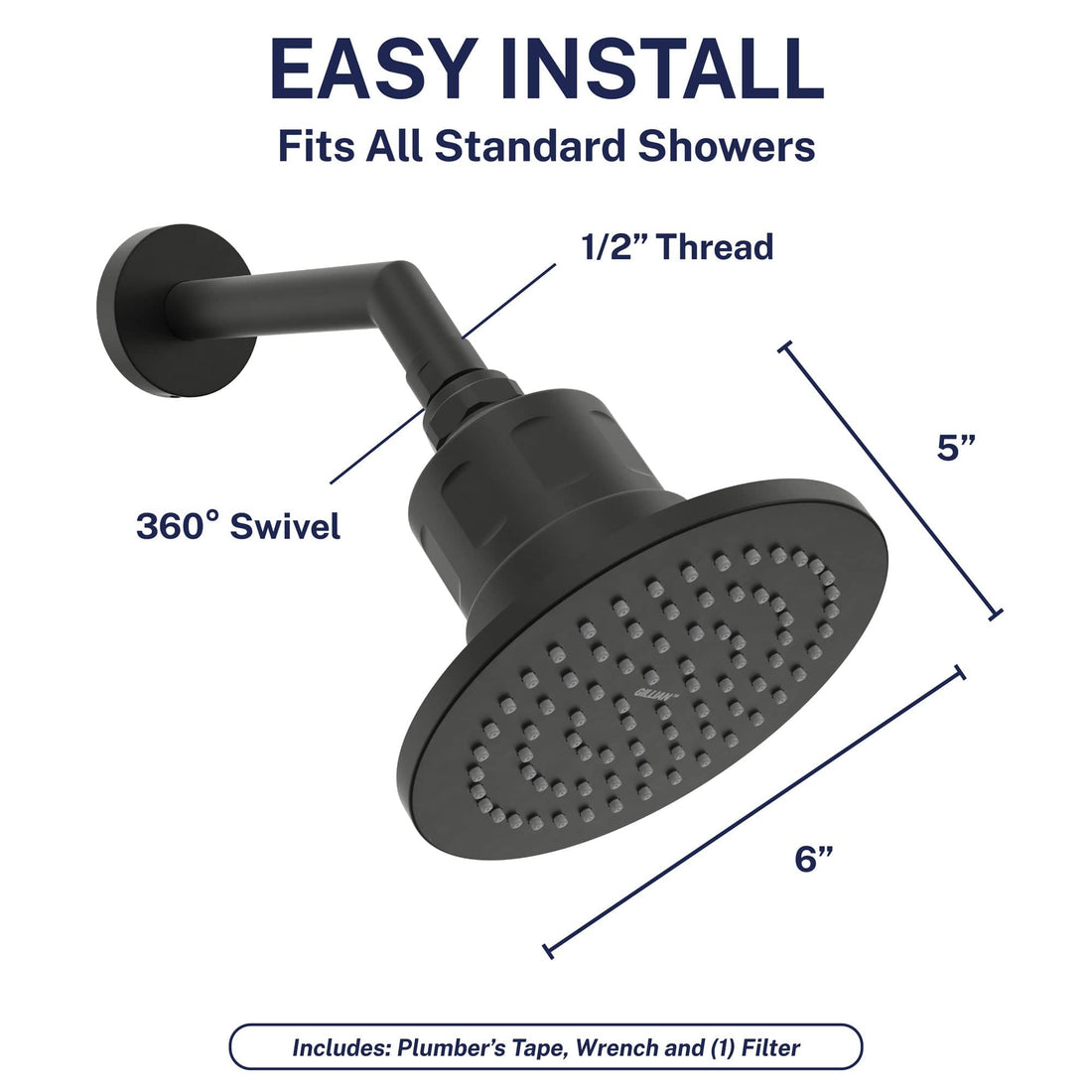 Easy Install Gillian — The METAL Filtered Shower Head Matte Black / 2.5 GPM Matte Black / 1.75 GPM - The Shower Head Store