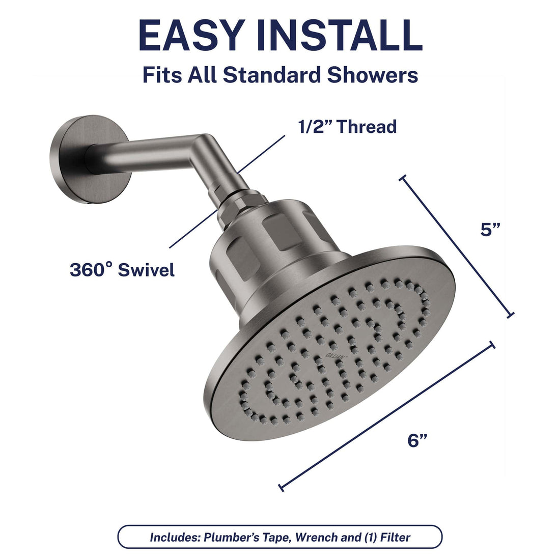 Easy Install Gillian — The METAL Filtered Shower Head HammerHead Gray / 2.5 GPM HammerHead Gray / 1.75 GPM - The Shower Head Store