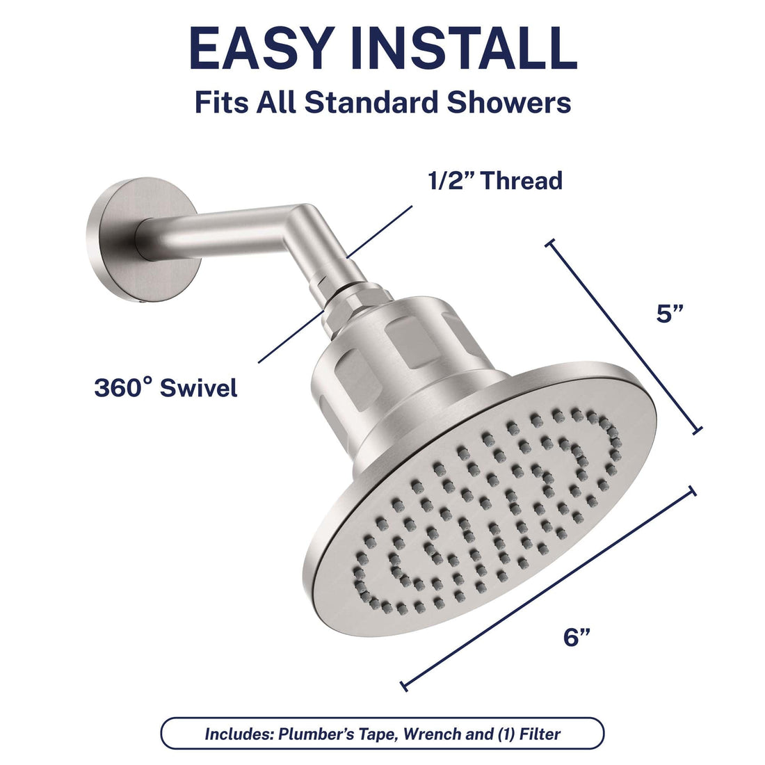Easy Install Gillian — The METAL Filtered Shower Head Brushed Nickel / 2.5 GPM Brushed Nickel / 1.75 GPM - The Shower Head Store
