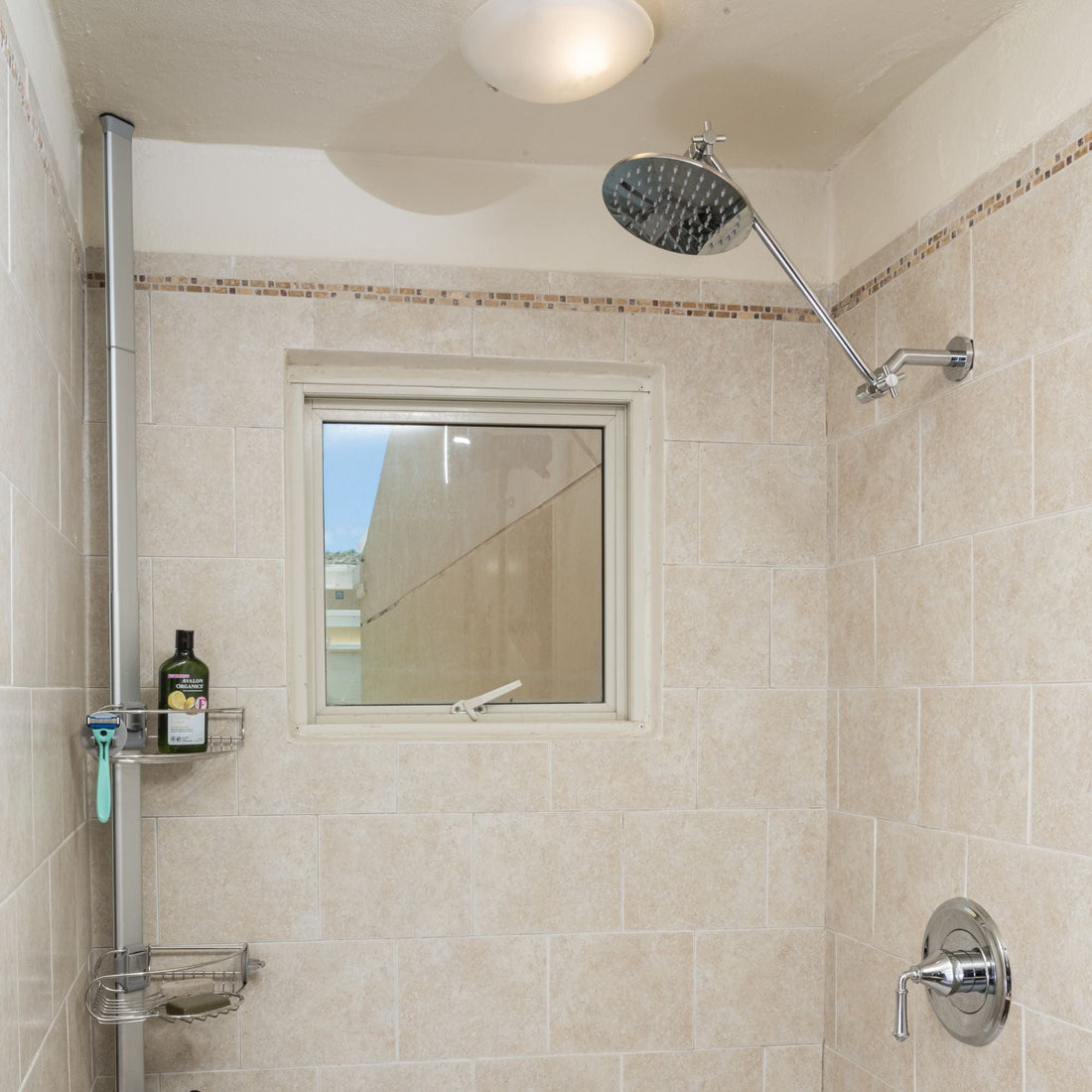 Chrome / 12 Inch Adjustable Shower Arm with Rain Shower Head in Bahtroom