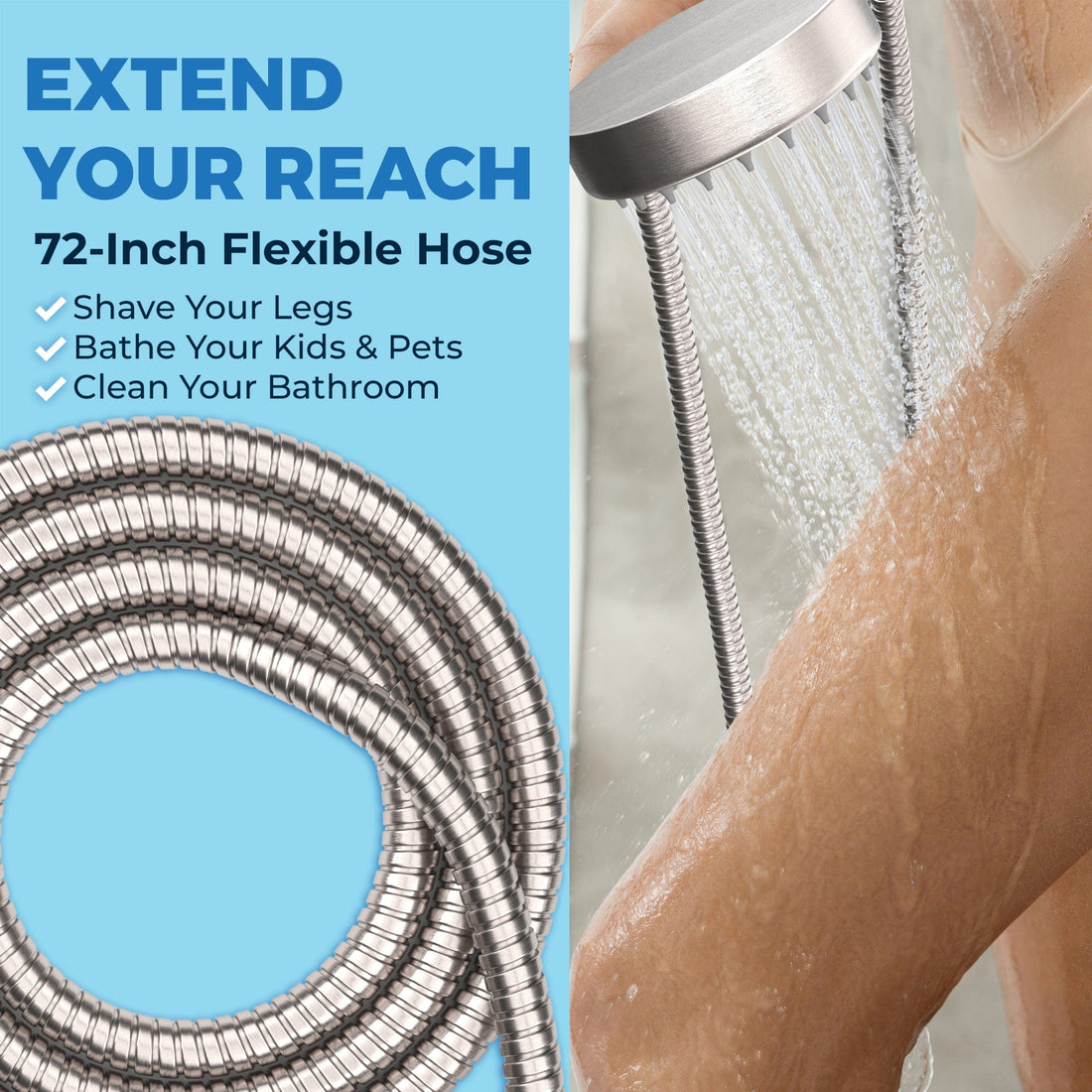 Extend Your Reach Shower Head with Hose All Metal 72 Inch 6 Foot Long Flexible Metal Coil Brushed Nickel - The Shower Head Store