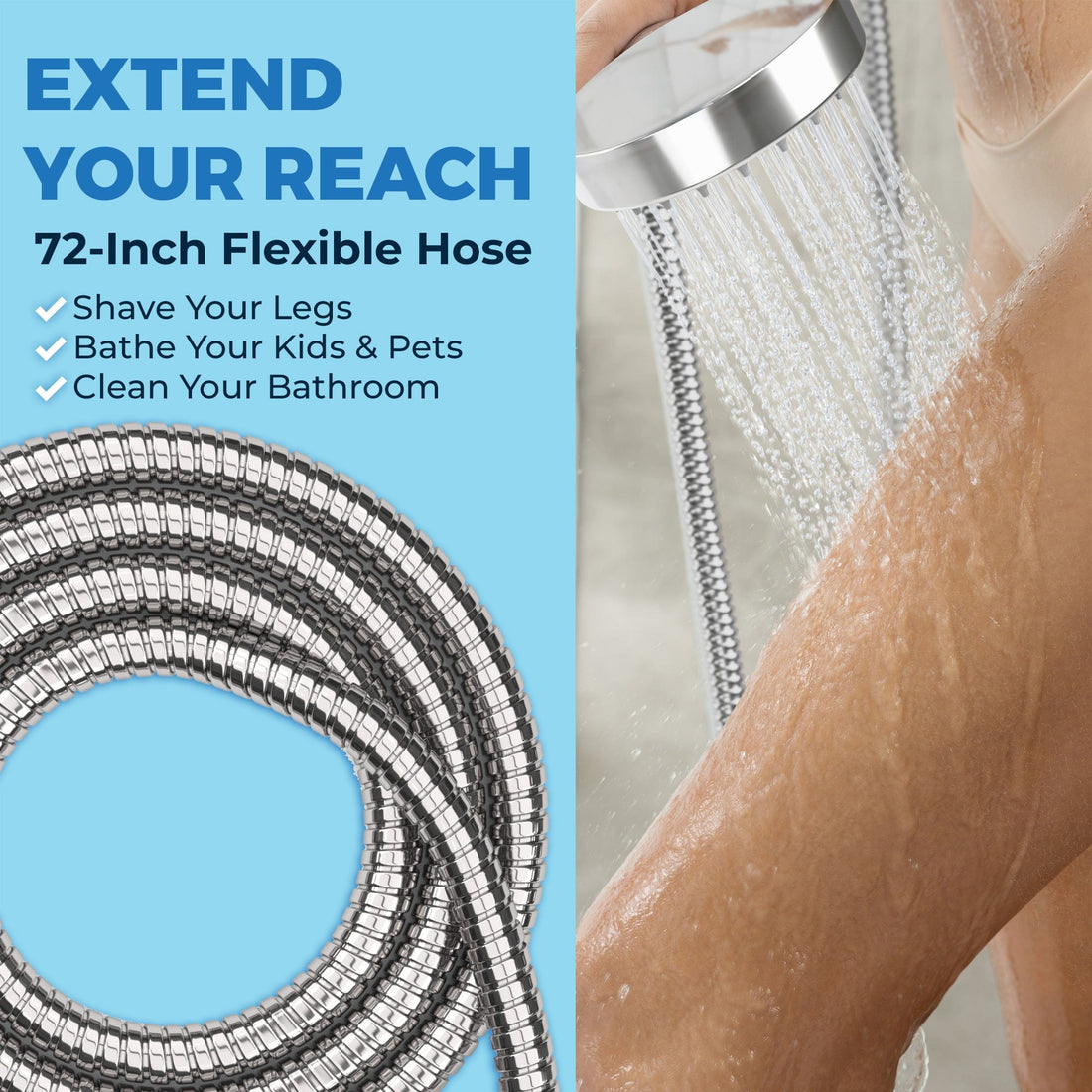 Extend Your Reach Shower Head with Hose All Metal 72 Inch 6 Foot Long Flexible Metal Coil Chrome - The Shower Head Store