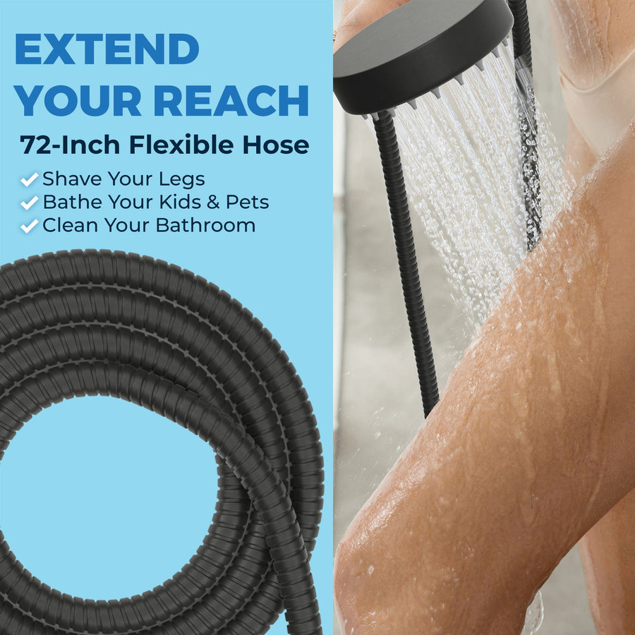 Extend Your Reach Shower Head with Hose All Metal 72 Inch 6 Foot Long Flexible Metal Coil Matte Black - The Shower Head Store