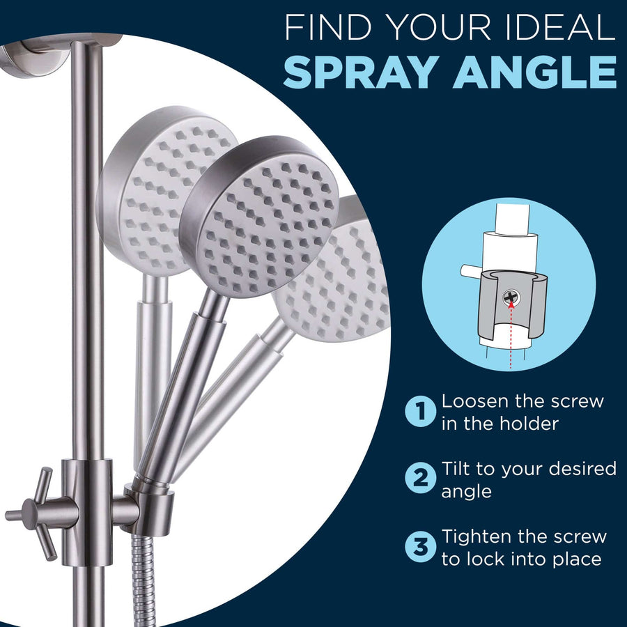 Find Your Ideal Spray Angle with Adjustable Holder on Slide Bar Mount Brushed Nickel — The Shower Head Store