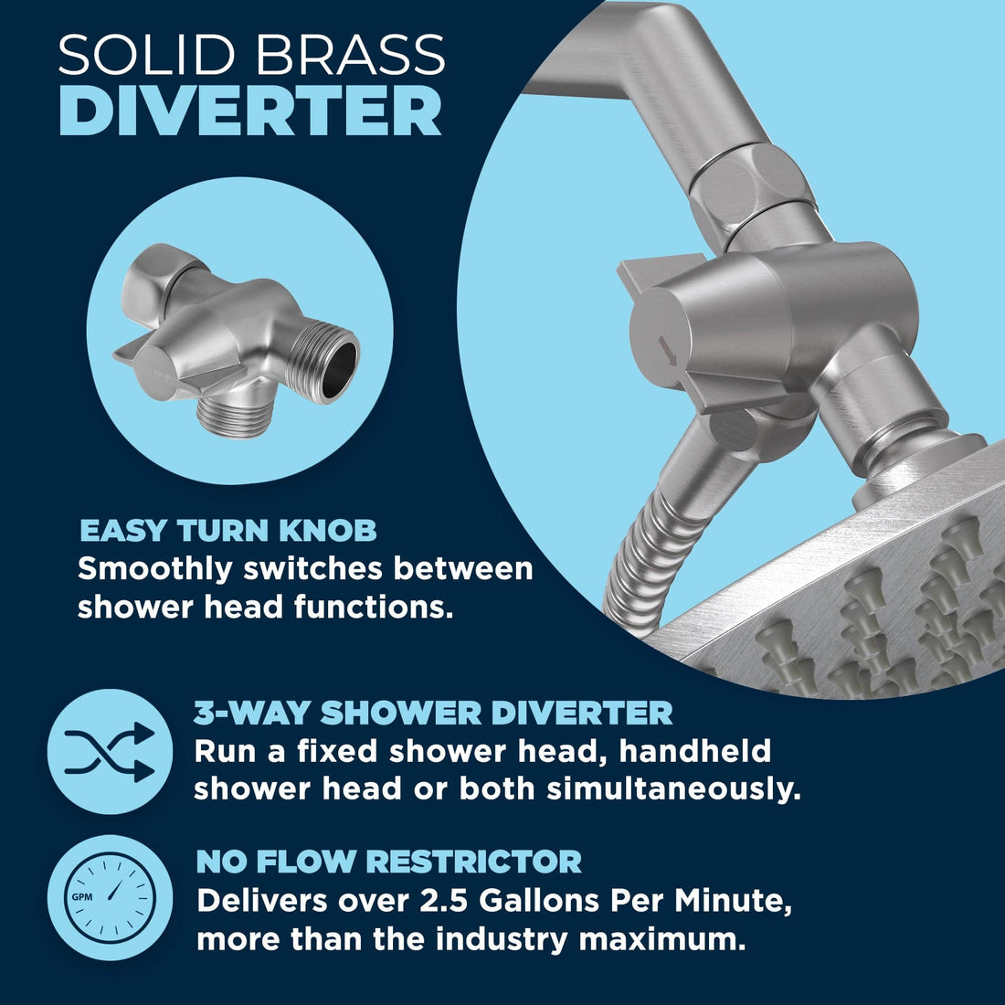 Diverter Dual Shower Head with Slide Bar Set Brushed Nickel  / 2.5 - The Shower Head Store