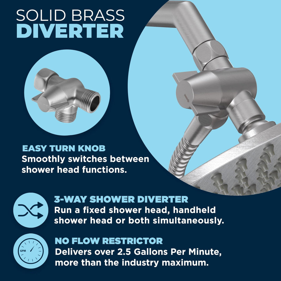 Diverter Dual Shower Head with Slide Bar Set Brushed Nickel  / 2.5 - The Shower Head Store