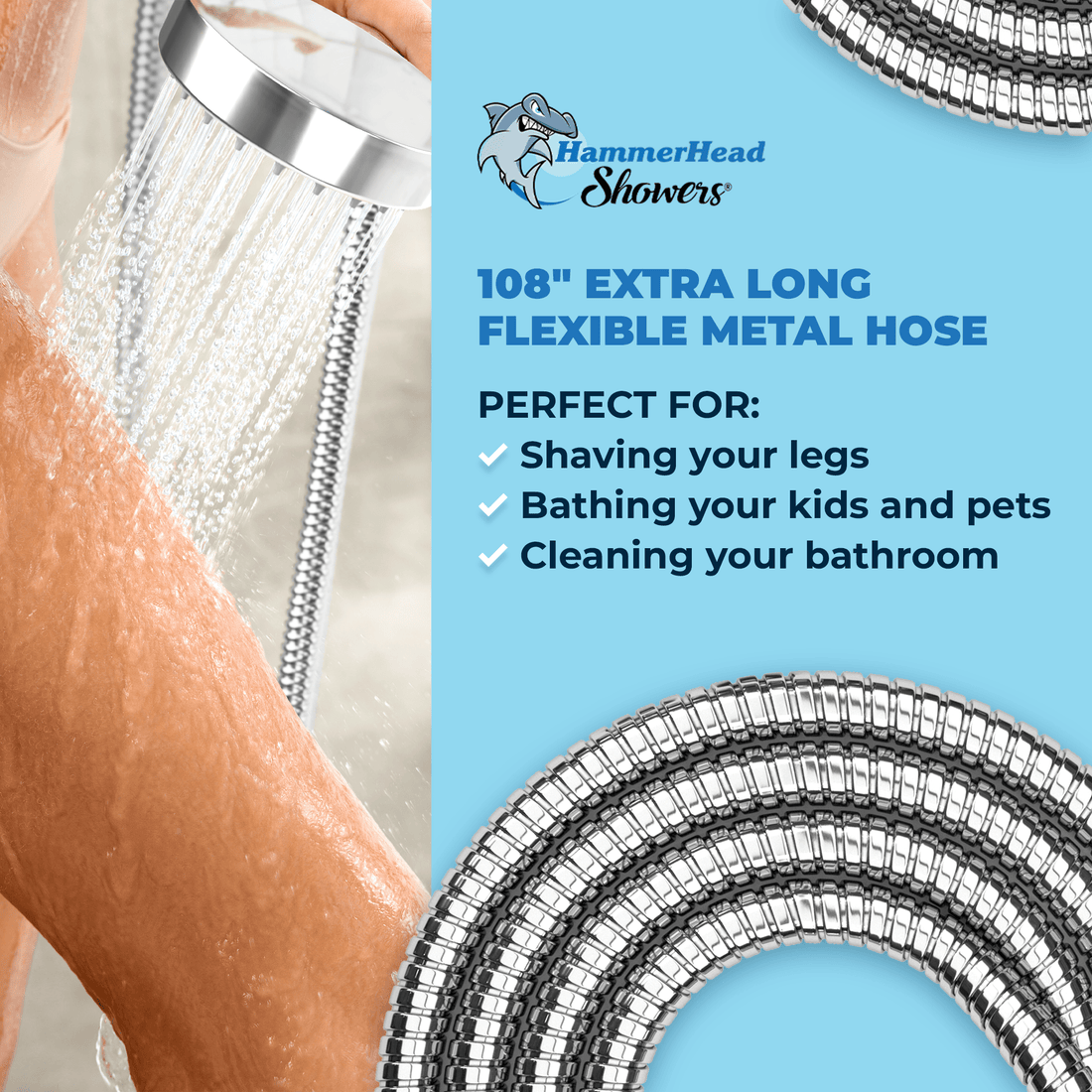 HammerHead Showers 108-Inch Shower Hose Extend Your Reach (Chrome)