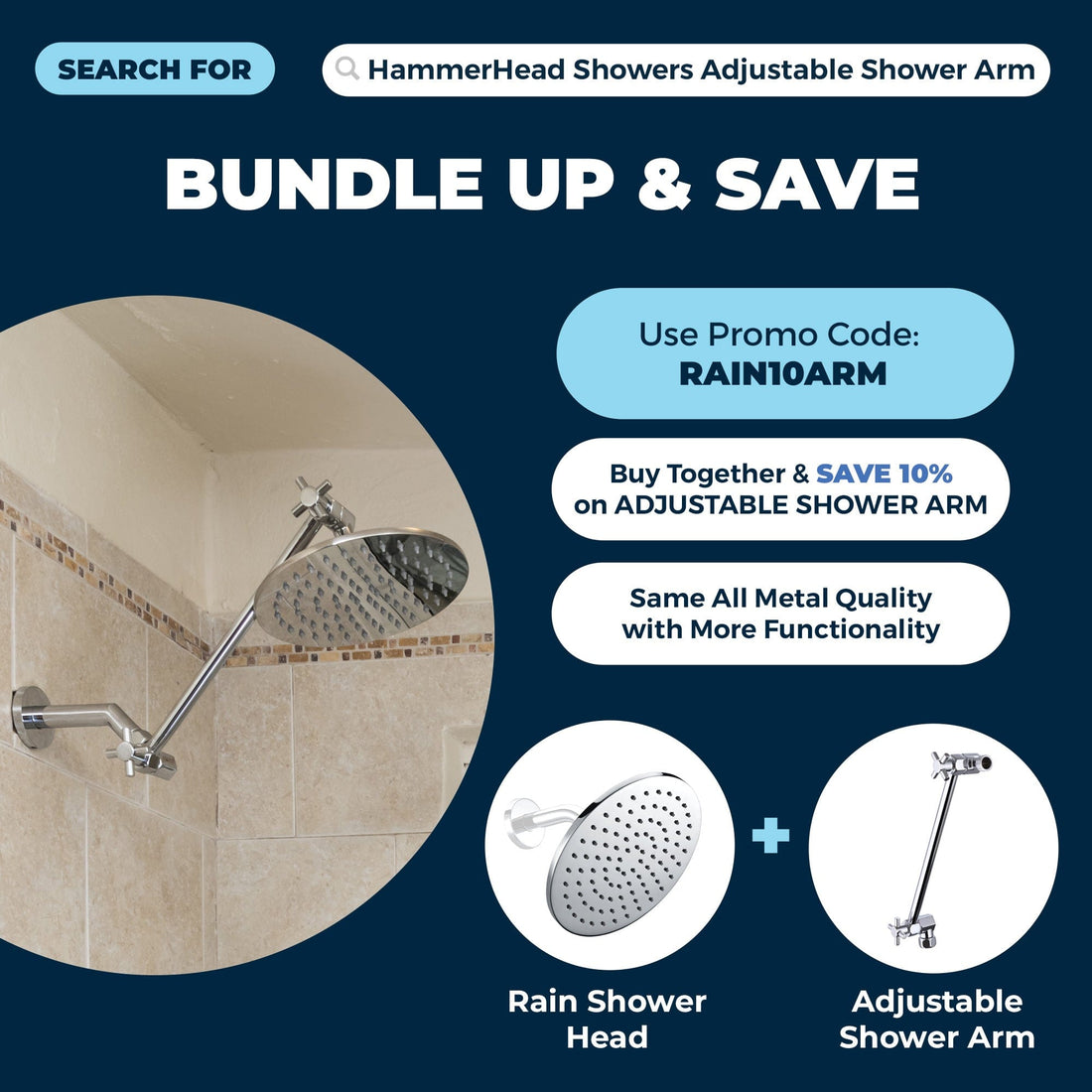 HammerHead Showers 8 Inch Rain Shower Head Bundle Up With Adjustable Shower Arm (Chrome) - The Shower Head Store